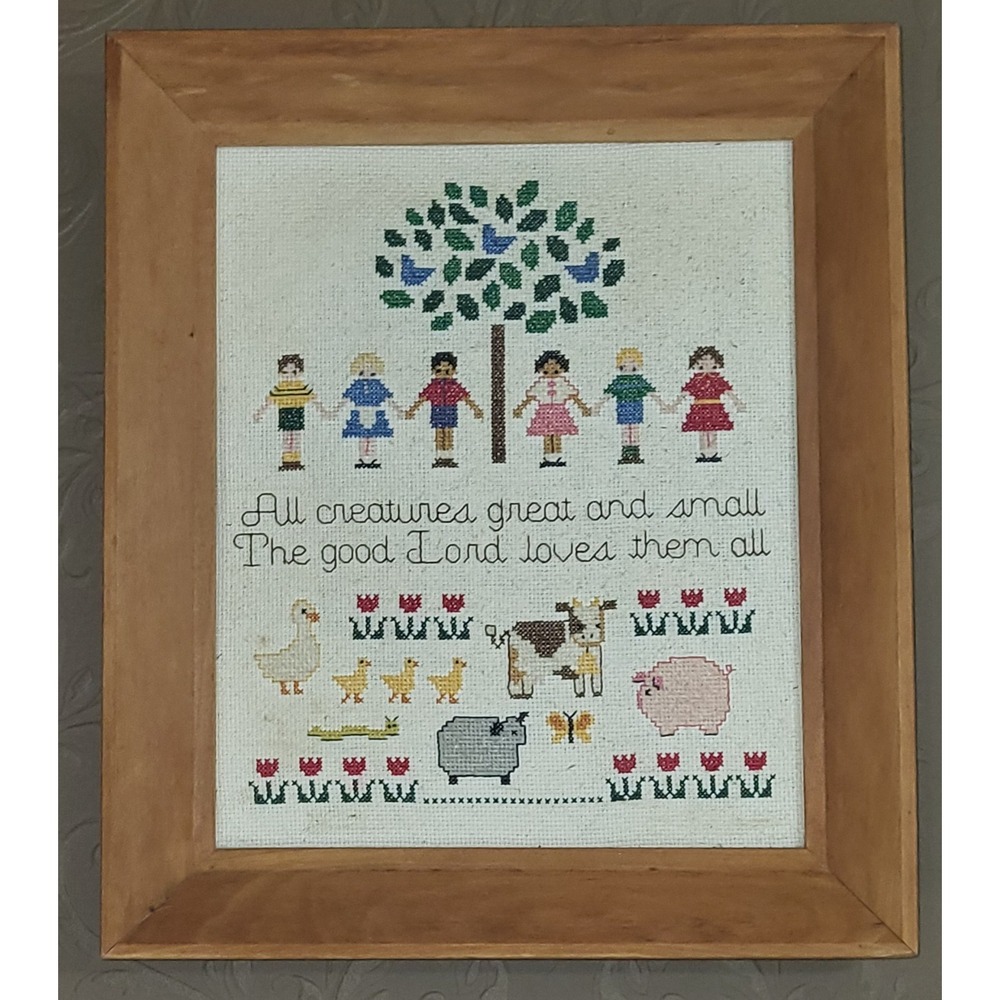 Hand Made Cross Stitch Sampler Home Decor All Creatures Framed Wall Art Vintage